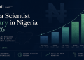 A data journalism-style featured graphic for NaijaAI showing an abstract bar chart salary progression in dark navy and emerald, titled "Data Scientist Salary in Nigeria 2026."