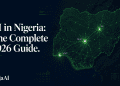 Featured image for NaijaAI's AI in Nigeria 2026 pillar guide — a dark navy editorial graphic showing a glowing emerald map of Nigeria with electric lime data points marking Lagos, Abuja, and Jos, representing Nigeria's artificial intelligence ecosystem, policy landscape, and tech infrastructure.