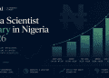 A data journalism-style featured graphic for NaijaAI showing an abstract bar chart salary progression in dark navy and emerald, titled "Data Scientist Salary in Nigeria 2026."